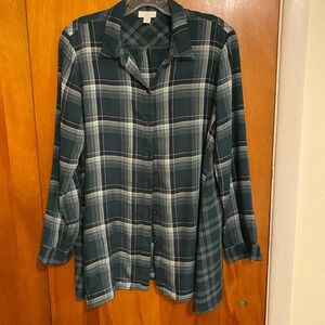 J. Jill Women’s Green Plaid Button Down Tunic Long Sleeve Shirt, Size Small